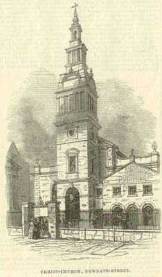 A pen and ink image of Christ Church (Greyfriars) Newgate, London from the 22nd March 1845 issue of The Illustrated London News